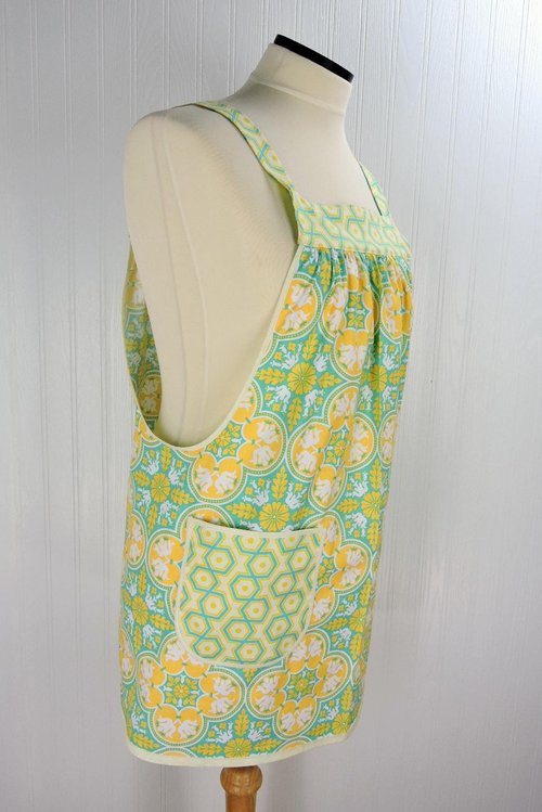 Notting Hill Historic Tile Pinafore Apron with no ties, relaxed fit smock with pockets fits L/XL/2X, Ready to Ship