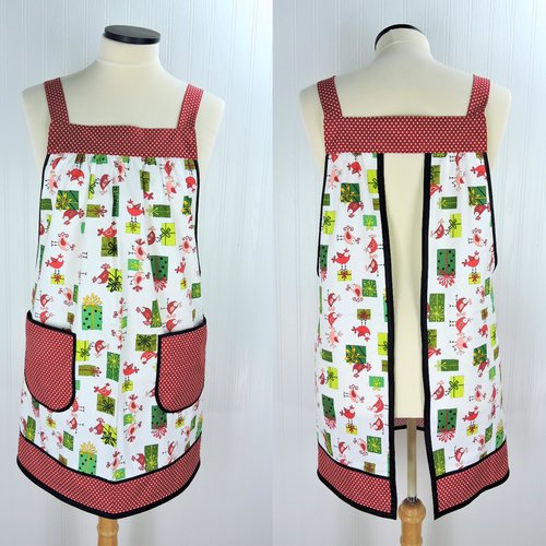 Holiday Tweets Scrapbuster Pinafore with no ties, relaxed fit smock with pockets, Christmas birds apron fits L-XL-2X SHIPS FAST