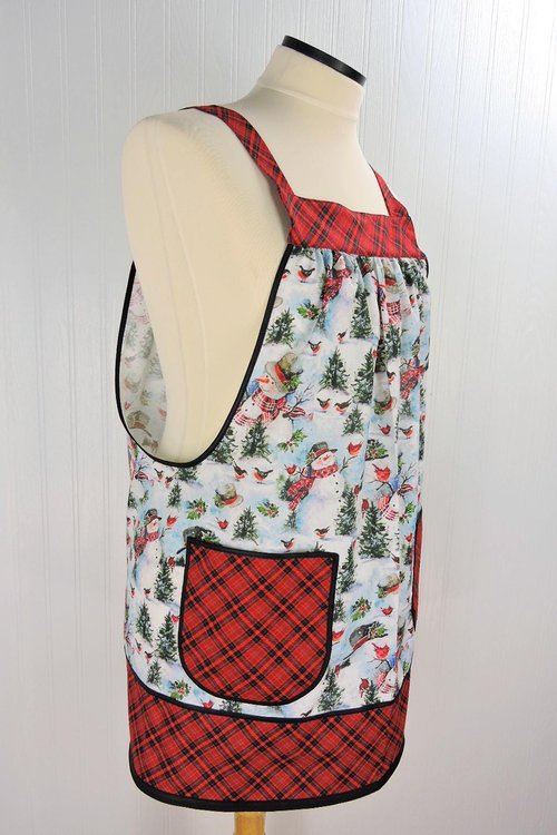 Christmas Snowman Pinafore with no ties, relaxed fit smock with pockets, Lovely Xmas Hostess Apron, made to order XS to 5X plus size