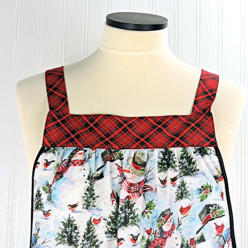 Christmas Snowman Pinafore with no ties, relaxed fit smock with pockets, Lovely Xmas Hostess Apron, made to order XS to 5X plus size