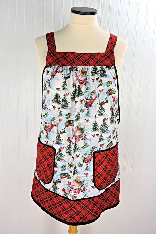Christmas Snowman Pinafore with no ties, relaxed fit smock with pockets, Lovely Xmas Hostess Apron, made to order XS to 5X plus size