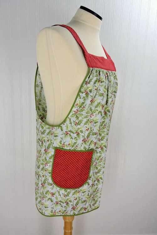 Susan Winget HOLLY Pinafore with no ties, relaxed fit smock with pockets, Lovely Xmas Hostess Apron, made to order XS to 5X plus size