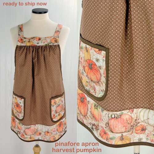 Harvest Pumpkins Scrapbuster Pinafore with no ties, relaxed fit smock with pockets, fall apron, Susan Winget Harvest fabric, SHIPS FAST