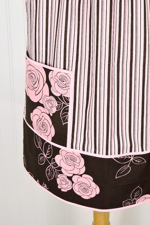 Stripes & Roses Pinafore with no ties, relaxed fit smock with pockets, one-of-a-kind apron fits L/XL/2X, ships fast