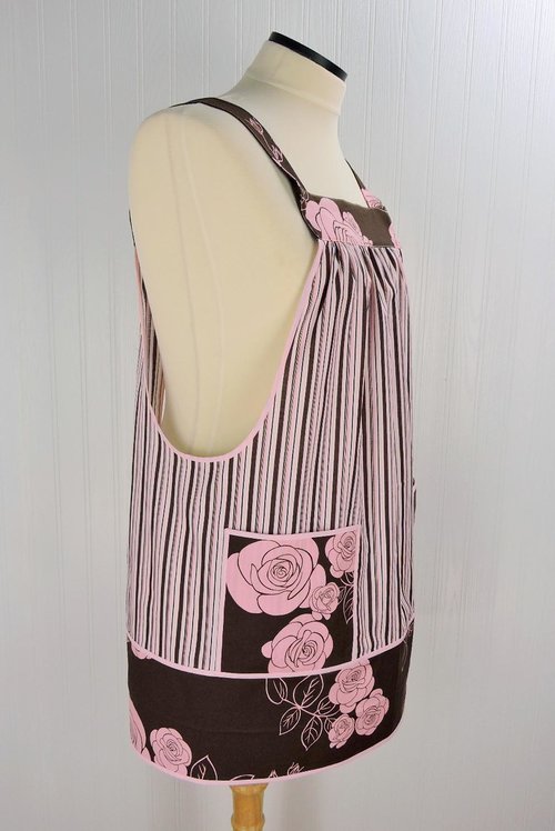 Stripes & Roses Pinafore with no ties, relaxed fit smock with pockets, one-of-a-kind apron fits L/XL/2X, ships fast