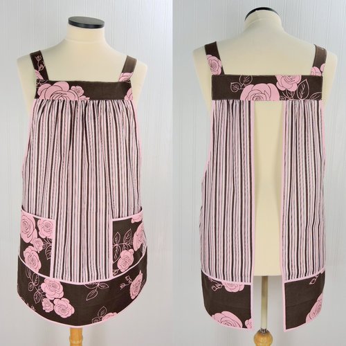 Stripes & Roses Pinafore with no ties, relaxed fit smock with pockets, one-of-a-kind apron fits L/XL/2X, ships fast