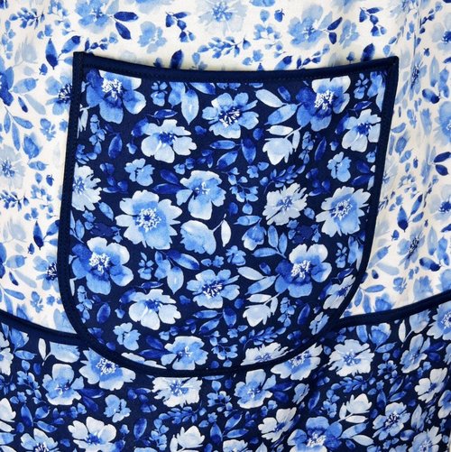 Classic Blue Floral Scrapbuster Pinafore with no ties, plus size smock apron with pockets, ready to ship fits L/XL/2X