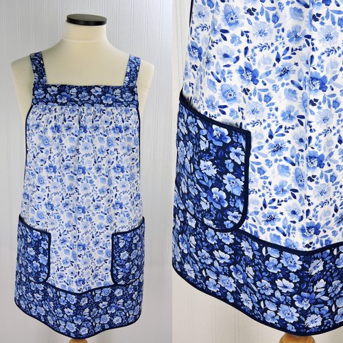 Classic Blue Floral Scrapbuster Pinafore with no ties, plus size smock apron with pockets, ready to ship fits L/XL/2X
