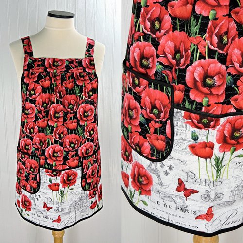 Paris Toile with Poppies Scrapbuster Pinafore Apron with no ties, relaxed fit smock with pockets, ready to ship fits L/XL/2X, SHIPS FAST
