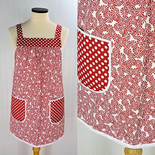 Starlight Mints Christmas Pinafore with no ties, relaxed fit smock with pockets, OOAK Xmas Apron, ready to ship fits L/XL/2X