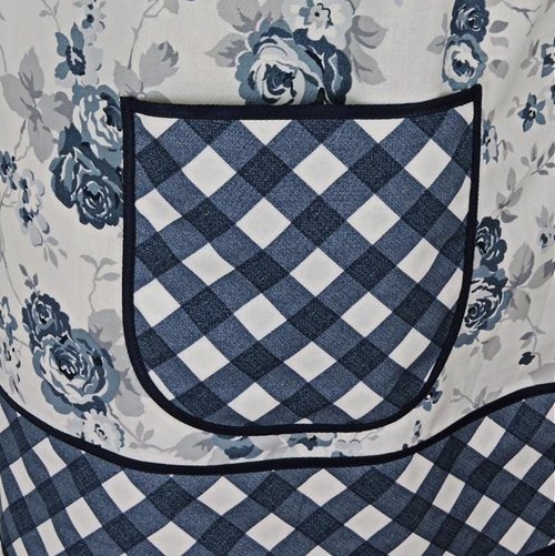 Tranquility Roses Pinafore Apron with no ties, blue and white floral smock apron with pockets made-to-order XS to 5X