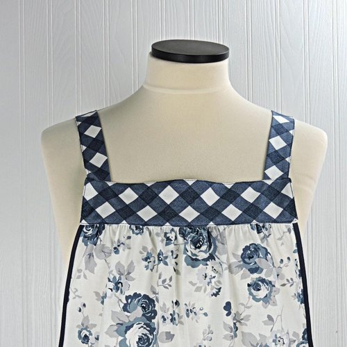 Tranquility Roses Pinafore Apron with no ties, blue and white floral smock apron with pockets made-to-order XS to 5X
