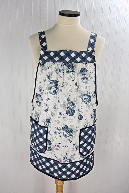 Tranquility Roses Pinafore Apron with no ties, blue and white floral smock apron with pockets made-to-order XS to 5X