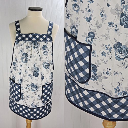 Tranquility Roses Pinafore Apron with no ties, blue and white floral smock apron with pockets made-to-order XS to 5X