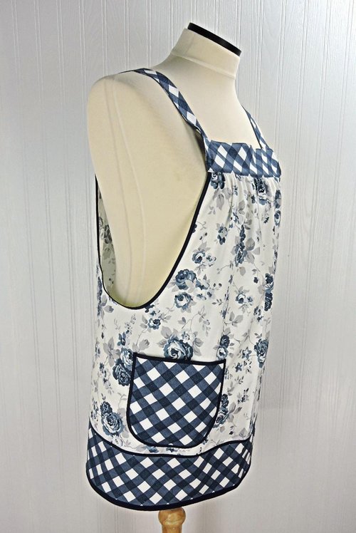 Tranquility Roses Pinafore Apron with no ties, blue and white floral smock apron with pockets made-to-order XS to 5X