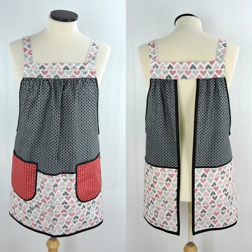 Cream Flirt Hearts Scrapbuster Pinafore with no ties, relaxed fit smock with pockets for Valentine's Day, standard size L/XL/2X, SHIPS FAST