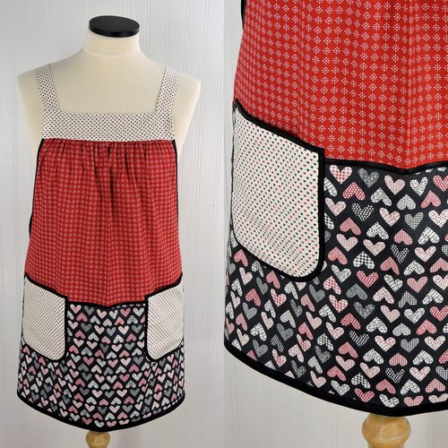 Flirty Hearts Scrapbuster Pinafore with no ties, relaxed fit smock with pockets for Valentine's Day, standard size L/XL/2X, SHIPS FAST