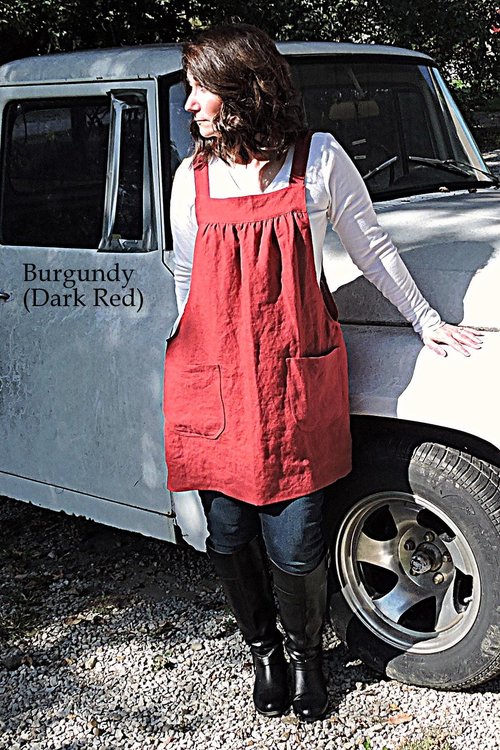 XS - 5X Natural LINEN Pinafore Apron with no ties (straps go straight over shoulders) Washed Linen Relaxed Fit Smock with pockets NEW colors