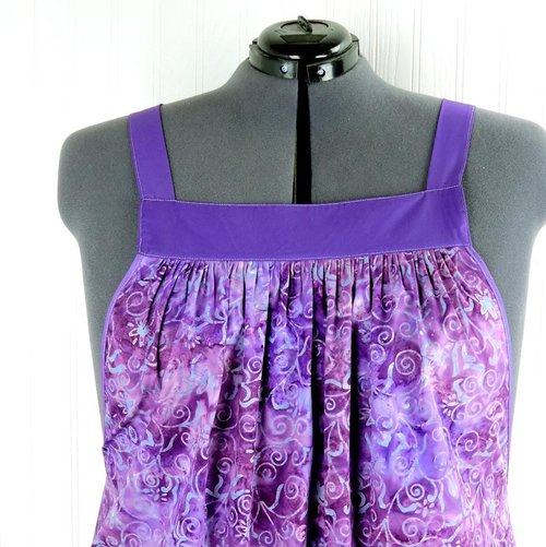 Purple BATIK Pinafore with no ties (straps go straight over the shoulders) relaxed fit smock apron with pockets fits 3X - 5X, ready to ship