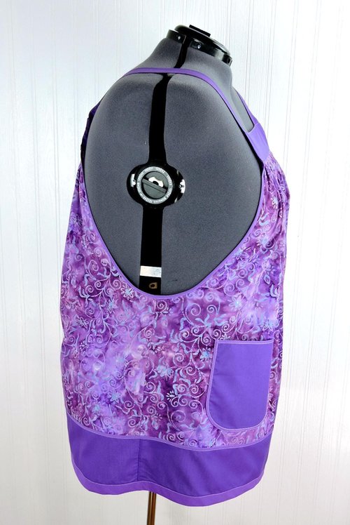 Purple BATIK Pinafore with no ties (straps go straight over the shoulders) relaxed fit smock apron with pockets fits 3X - 5X, ready to ship