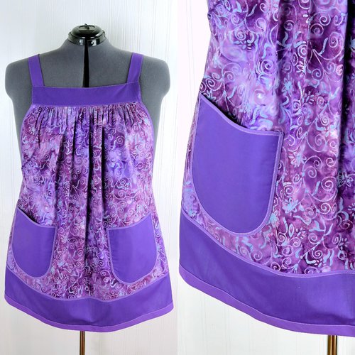 Purple BATIK Pinafore with no ties (straps go straight over the shoulders) relaxed fit smock apron with pockets fits 3X - 5X, ready to ship