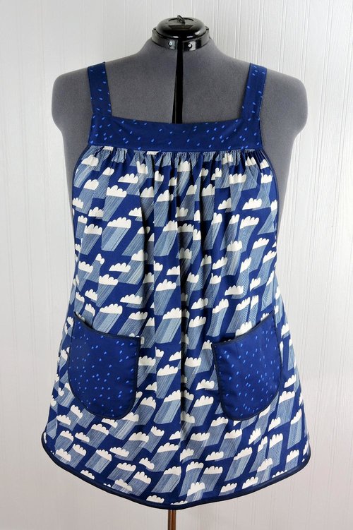 Rain Clouds Pinafore with no ties (straps go straight over the shoulders) relaxed fit smock apron with pockets fits 3X - 5X, ready to ship