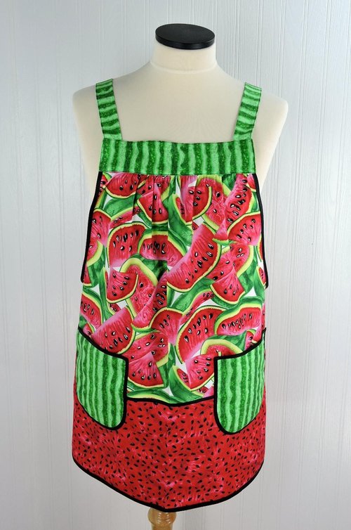 Summer Watermelon Pinafore with no tie (straps go straight over shoulder) relaxed fit smock with pockets, made to order from XS to 5X