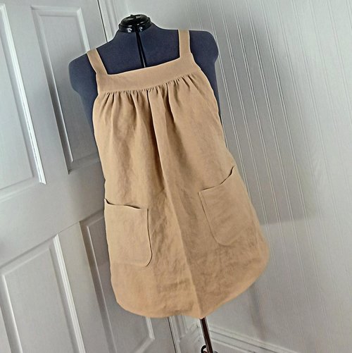 XS - 5X Natural LINEN Pinafore Apron with no ties (straps go straight over shoulders) Washed Linen Relaxed Fit Smock with pockets NEW colors