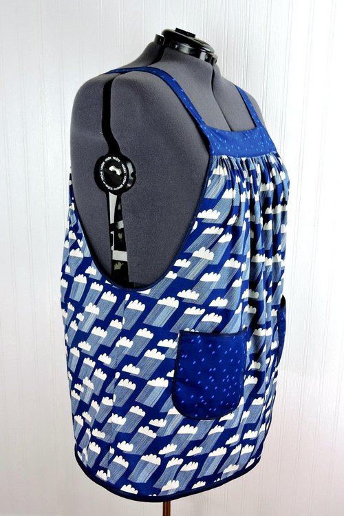 Rain Clouds Pinafore with no ties (straps go straight over the shoulders) relaxed fit smock apron with pockets fits 3X - 5X, ready to ship