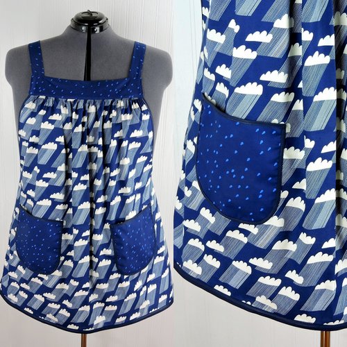 Rain Clouds Pinafore with no ties (straps go straight over the shoulders) relaxed fit smock apron with pockets fits 3X - 5X, ready to ship