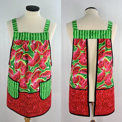 Summer Watermelon Pinafore with no tie (straps go straight over shoulder) relaxed fit smock with pockets, made to order from XS to 5X
