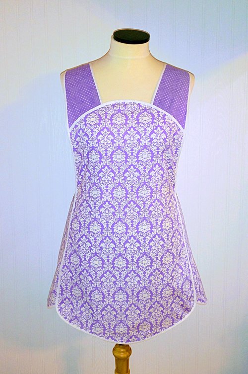 Lavender Petite Damask Retro 50s Smock Apron, relaxed fit "H-back" doesn't touch neck, made to order XS - 4X  w/ pocket options, OOP fabrics