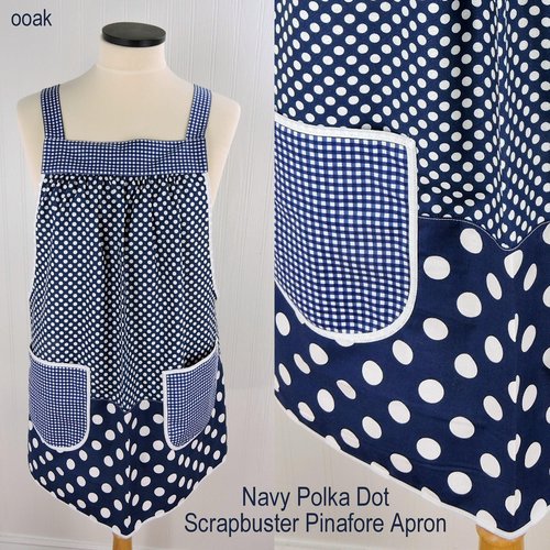 Navy Polka Dot Scrapbuster Pinafore, relaxed fit smock with pockets, comfortable (doesn't touch neck) Standard Size (fits L/XL/2X) ships now