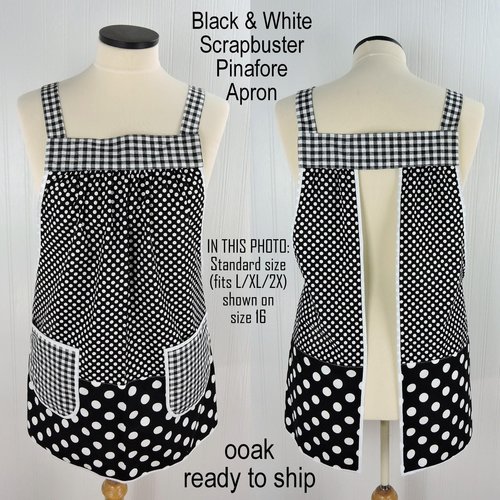 Black & White Scrapbuster Pinafore, relaxed fit smock with pockets, comfortable (doesn't touch neck) Standard Size (fits L/XL/2X) ships now