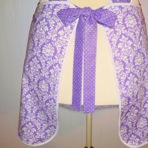 Lavender Petite Damask Retro 50s Smock Apron, relaxed fit "H-back" doesn't touch neck, made to order XS - 4X  w/ pocket options, OOP fabrics