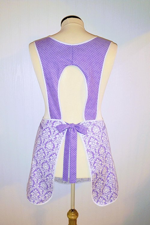 Lavender Petite Damask Retro 50s Smock Apron, relaxed fit "H-back" doesn't touch neck, made to order XS - 4X  w/ pocket options, OOP fabrics