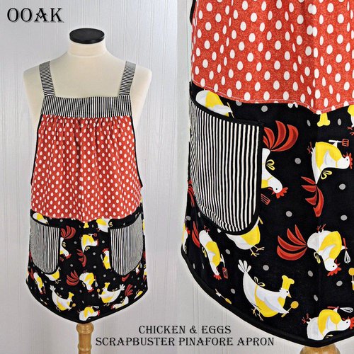 Chicken & Eggs Scrapbuster Pinafore Apron with no ties, relaxed fit smock apron with pockets, OOAK standard size fits L/XL/2X, ready to ship