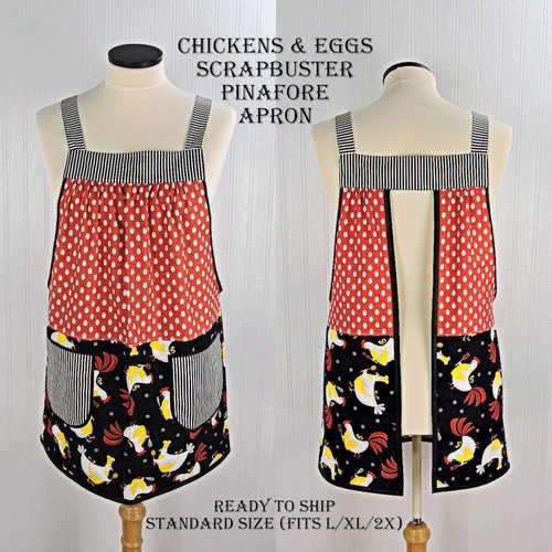 Chicken & Eggs Scrapbuster Pinafore Apron with no ties, relaxed fit smock apron with pockets, OOAK standard size fits L/XL/2X, ready to ship
