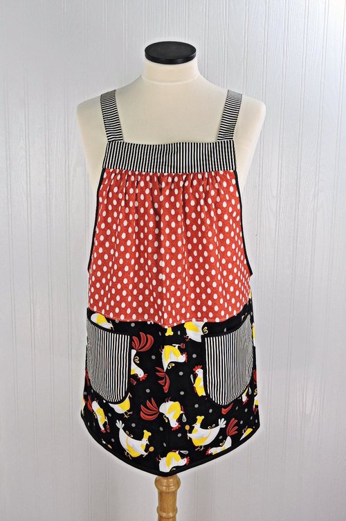 Chicken & Eggs Scrapbuster Pinafore Apron with no ties, relaxed fit smock apron with pockets, OOAK standard size fits L/XL/2X, ready to ship