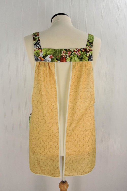 Roosters & Chicken Wire Pinafore Apron with no ties, relaxed fit smock apron with JUMBO pockets, OOAK fits L/XL/2X, ready to ship