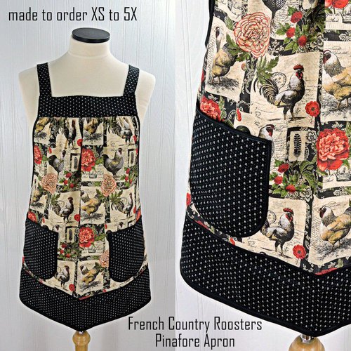 French Country Roosters Pinafore with no ties, relaxed fit smock with pockets, straps go straight over the shoulders, made to order XS - 5X