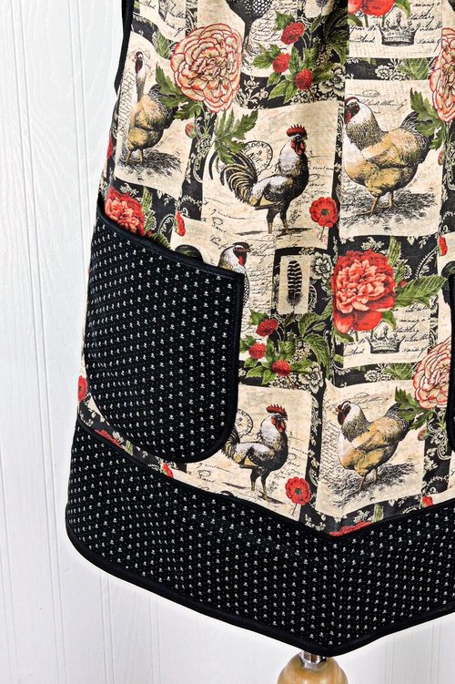 French Country Roosters Pinafore with no ties, relaxed fit smock with pockets, straps go straight over the shoulders, made to order XS - 5X