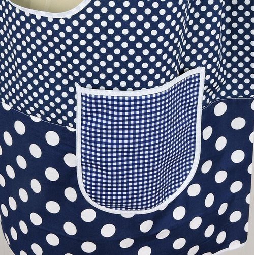 Navy Polka Dot Scrapbuster Pinafore, relaxed fit smock with pockets, comfortable (doesn't touch neck) Standard Size (fits L/XL/2X) ships now
