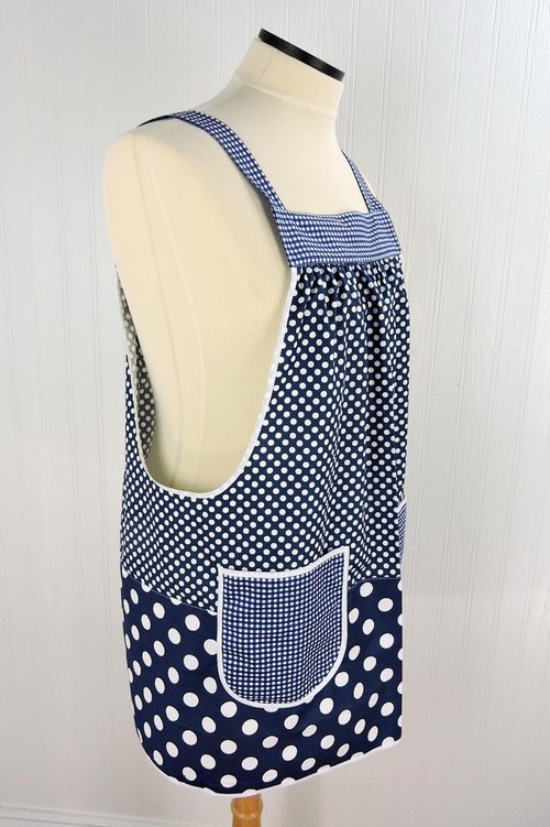 Navy Polka Dot Scrapbuster Pinafore, relaxed fit smock with pockets, comfortable (doesn't touch neck) Standard Size (fits L/XL/2X) ships now