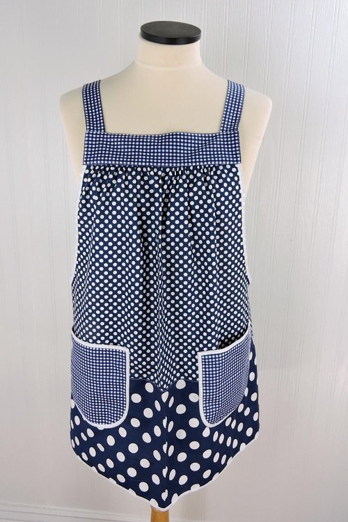 Navy Polka Dot Scrapbuster Pinafore, relaxed fit smock with pockets, comfortable (doesn't touch neck) Standard Size (fits L/XL/2X) ships now