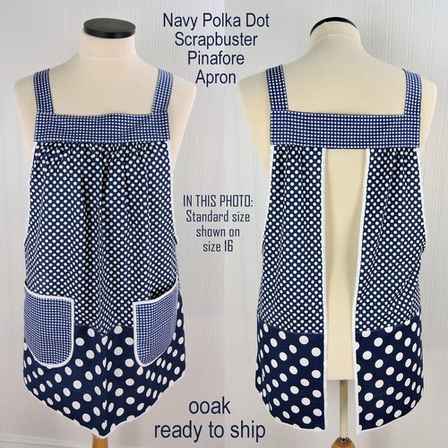 Navy Polka Dot Scrapbuster Pinafore, relaxed fit smock with pockets, comfortable (doesn't touch neck) Standard Size (fits L/XL/2X) ships now