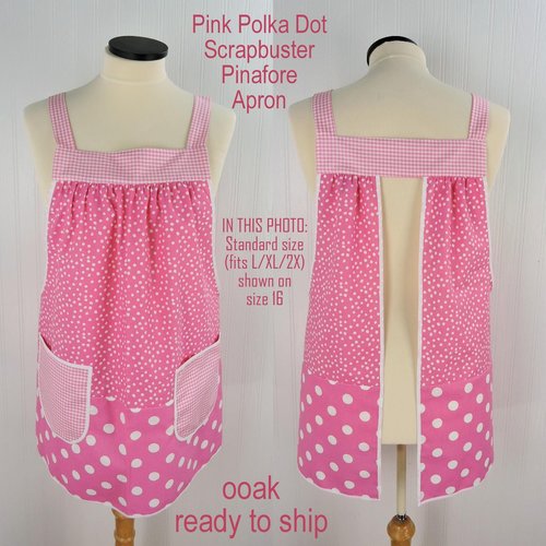 Pink Polka Dot Scrapbuster Pinafore, relaxed fit smock with pockets, comfortable (doesn't touch neck) Standard Size (fits L/XL/2X) ships now