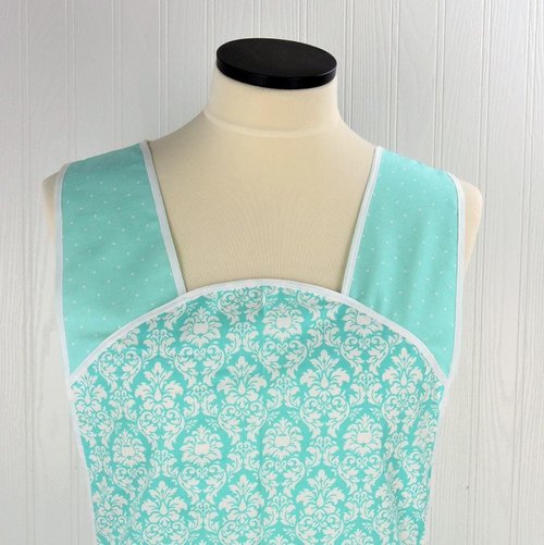 Aqua Petite Damask Retro 50s Smock Apron, relaxed fit "H-back" doesn't touch neck, made to order XS - 4X  w/ pocket options, OOP fabrics