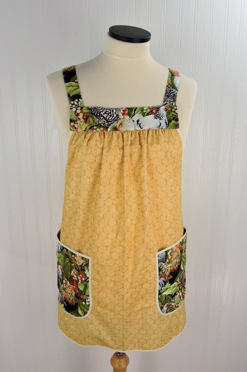 Roosters & Chicken Wire Pinafore Apron with no ties, relaxed fit smock apron with JUMBO pockets, OOAK fits L/XL/2X, ready to ship