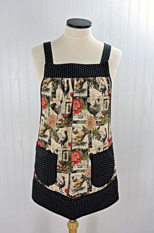 French Country Roosters Pinafore with no ties, relaxed fit smock with pockets, straps go straight over the shoulders, made to order XS - 5X